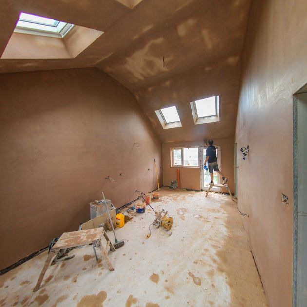 large new build kitchen being plastered